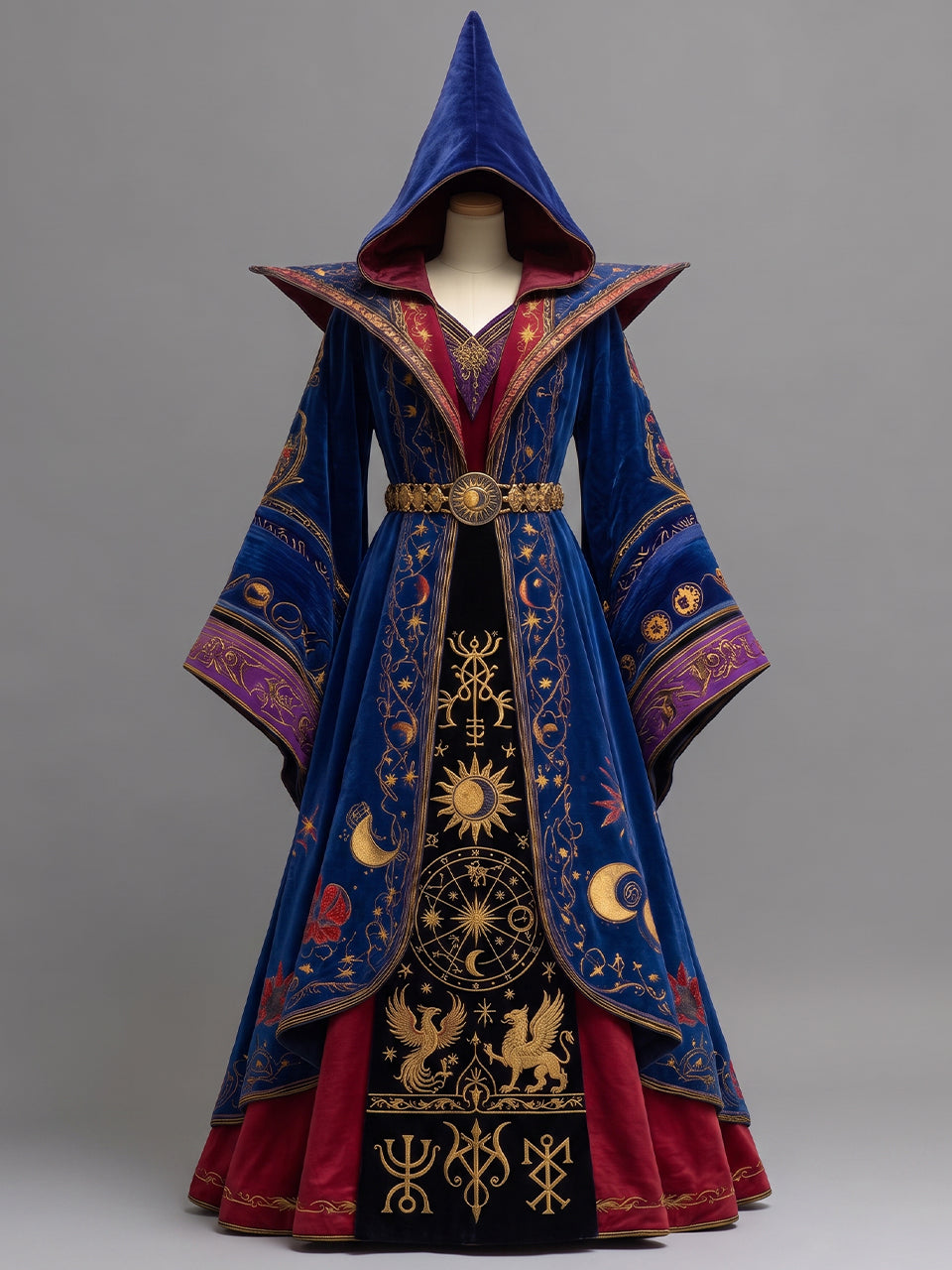 Womens Pointed Hood Wide Lapel Flare Sleeve Mystical Symbol Embroidered Velvet Long Wizard Robe