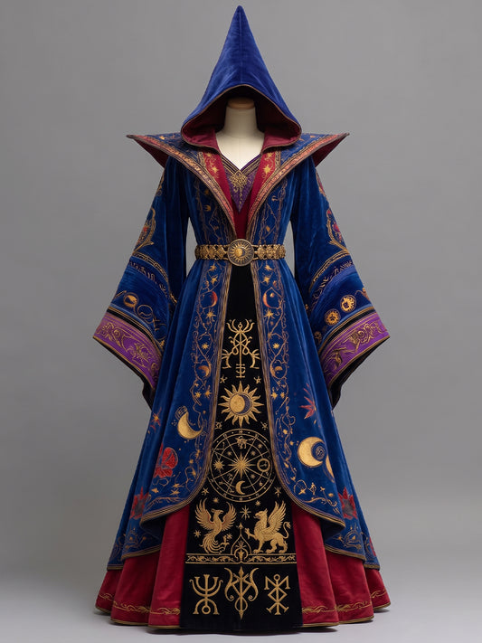 Womens Pointed Hood Wide Lapel Flare Sleeve Mystical Symbol Embroidered Velvet Long Wizard Robe