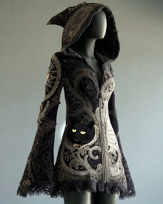Women's Boho Witch Black Cat Embroidered Lace Patchwork Hooded Evening Dress f4b1