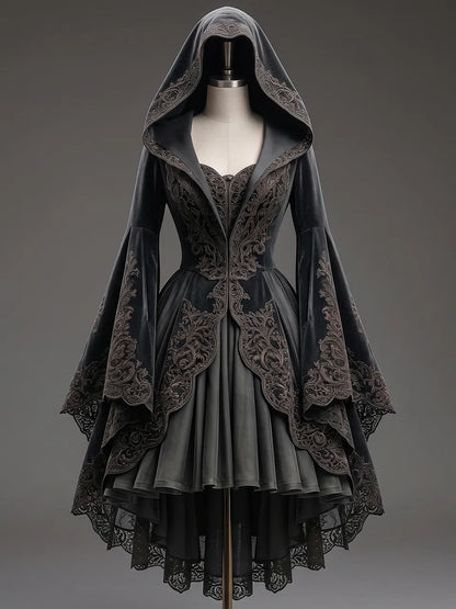 Womens Hooded Square Neck Velvet Embroidered Flare Sleeve Layered Tulle Irregular High Low Hem Short Gown Coat
