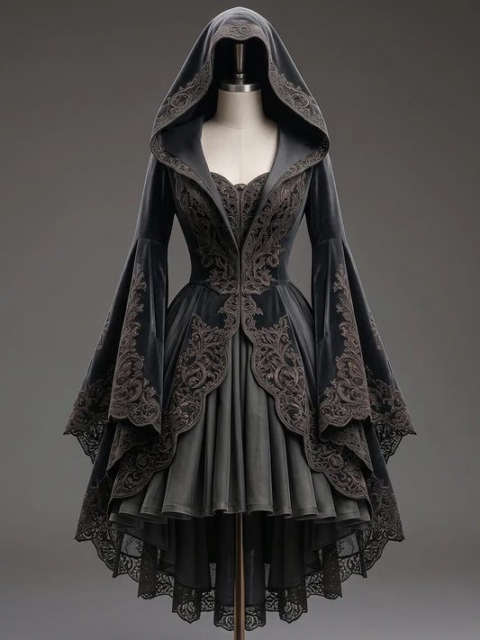 Womens Hooded Square Neck Velvet Embroidered Flare Sleeve Layered Tulle Irregular High Low Hem Short Gown Coat