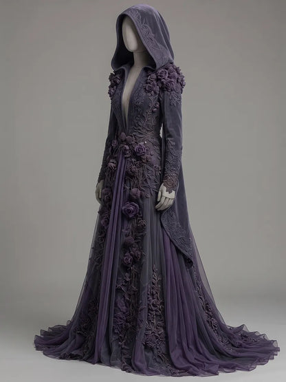 Womens Hooded Deep V Neck Velvet 3D Floral Embroidered Draped Long Sleeve Spliced Tulle Train Long Gown