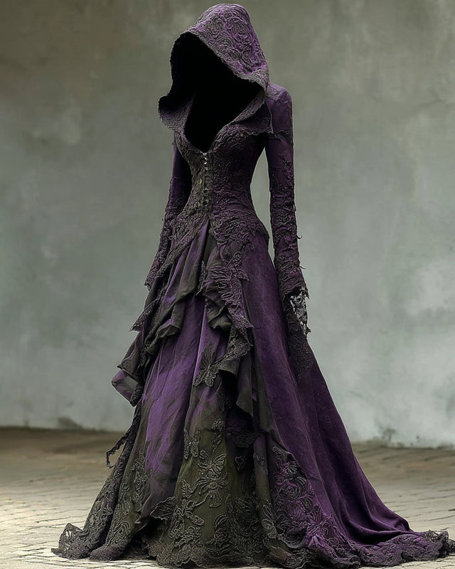 Boho Witch Theme Irregular Gradient Lace Embroidery Hooded Evening Dress 82a9