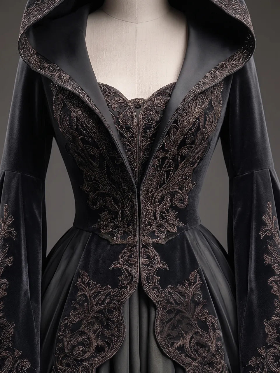 Womens Hooded Square Neck Velvet Embroidered Flare Sleeve Layered Tulle Irregular High Low Hem Short Gown Coat