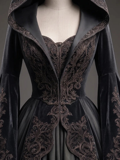 Womens Hooded Square Neck Velvet Embroidered Flare Sleeve Layered Tulle Irregular High Low Hem Short Gown Coat