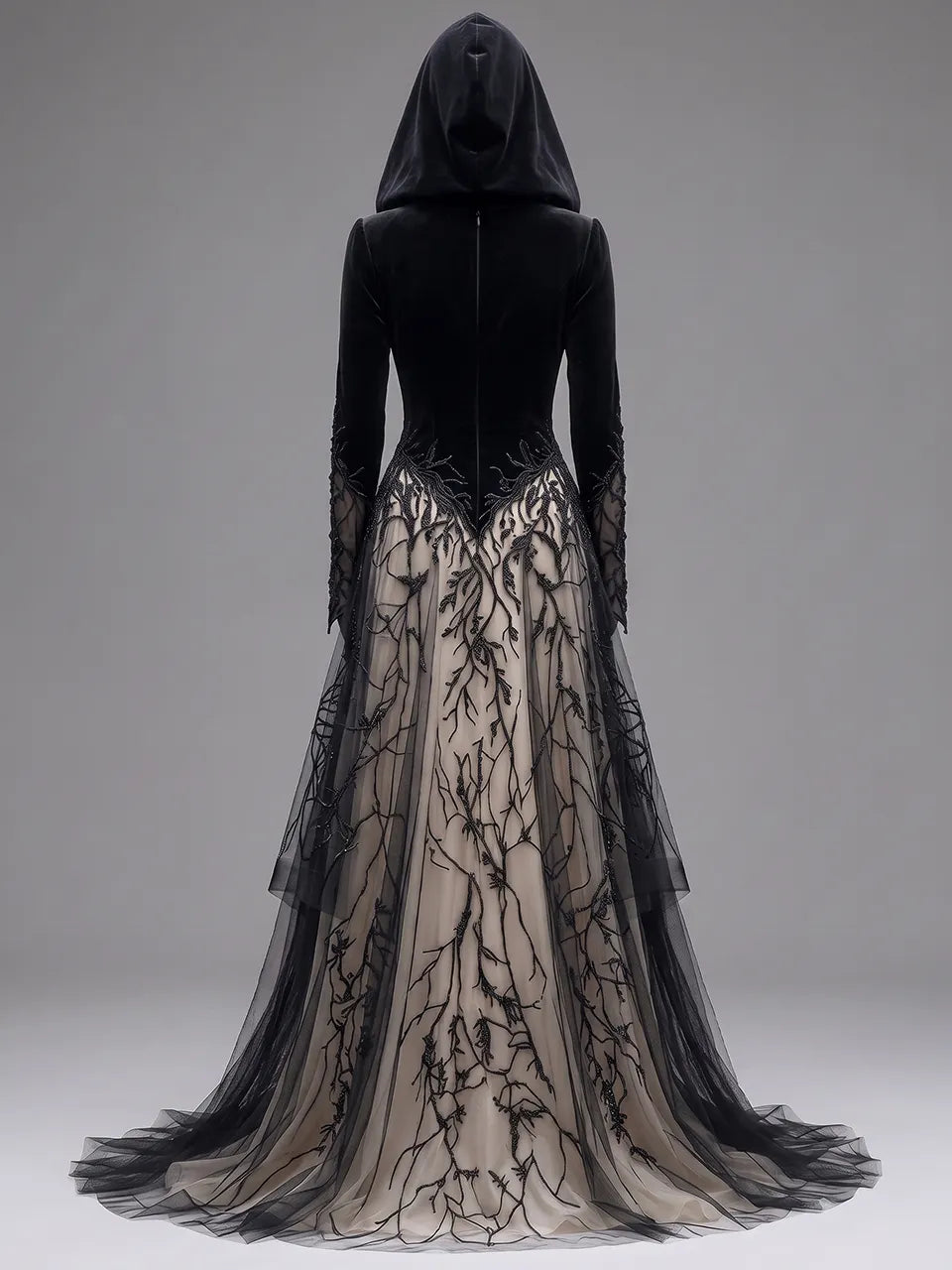 Womens Hooded V Neck Velvet Spliced Embroidered Sheer Long Sleeve Layered Tulle Floor Length Long Gown