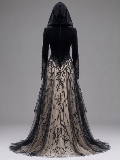 Womens Hooded V Neck Velvet Spliced Embroidered Sheer Long Sleeve Layered Tulle Floor Length Long Gown