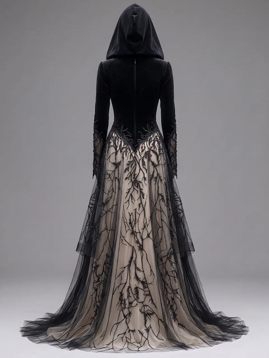 Womens Hooded V Neck Velvet Spliced Embroidered Sheer Long Sleeve Layered Tulle Floor Length Long Gown