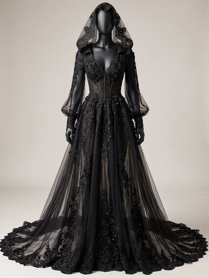 Womens V Neck Sheer Corset Hooded Tulle Embroidered Train Maxi Gown
