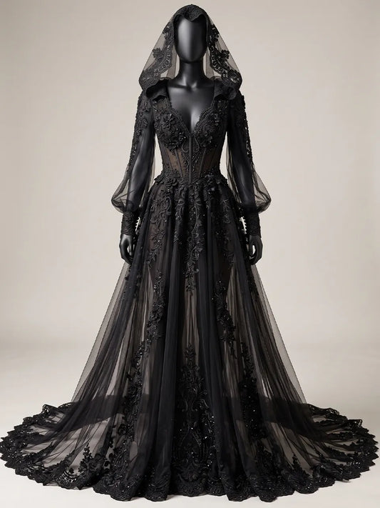Womens V Neck Sheer Corset Hooded Tulle Embroidered Train Maxi Gown