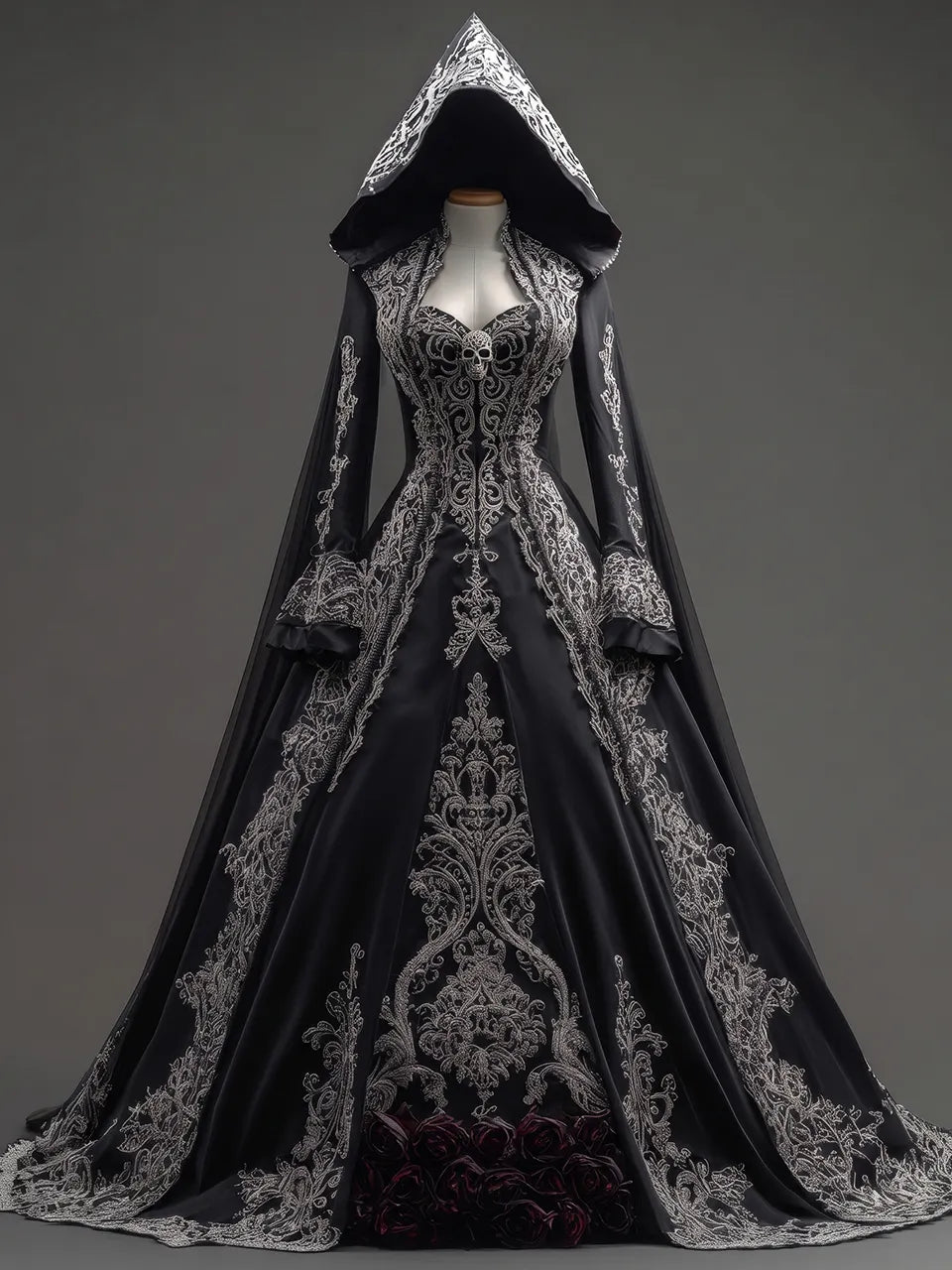 Womens Pointed Hood Sweetheart Neck Satin Embroidered Mesh Splice Long Sleeve Ball Gown Long Dress
