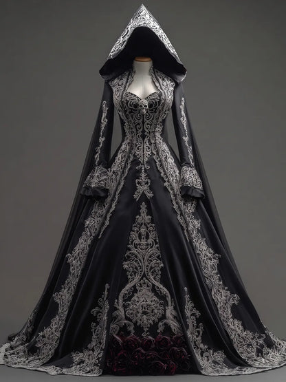 Womens Pointed Hood Sweetheart Neck Satin Embroidered Mesh Splice Long Sleeve Ball Gown Long Dress