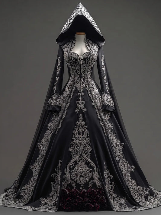 Womens Pointed Hood Sweetheart Neck Satin Embroidered Mesh Splice Long Sleeve Ball Gown Long Dress