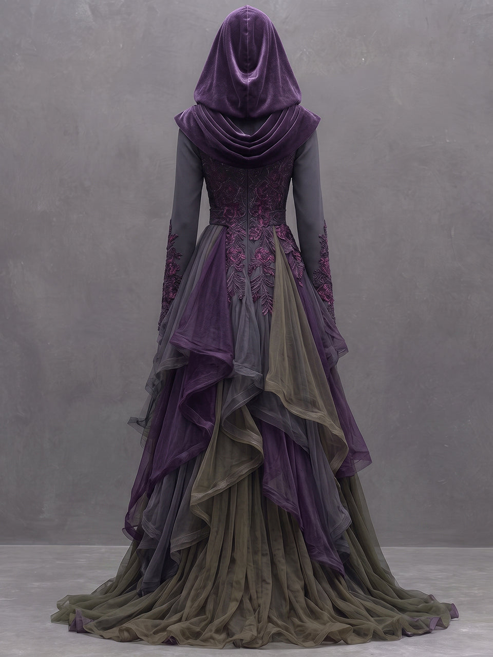 Womens Hooded Waist Cinching Embroidered Spliced Long Sleeve Irregular Tiered Tulle Long Gown