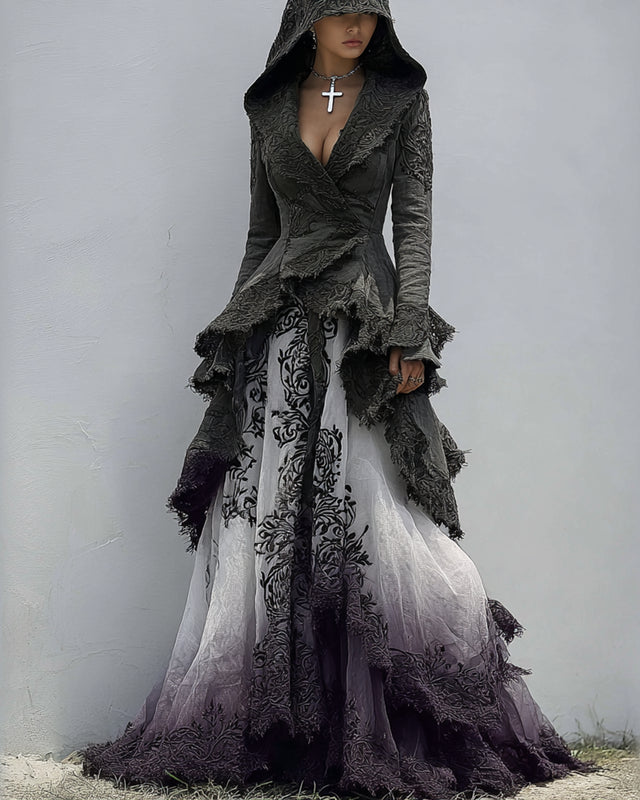Boho Witch Contrasting Color Irregular Ruffle Lace Hooded Linen Evening Dress 7948