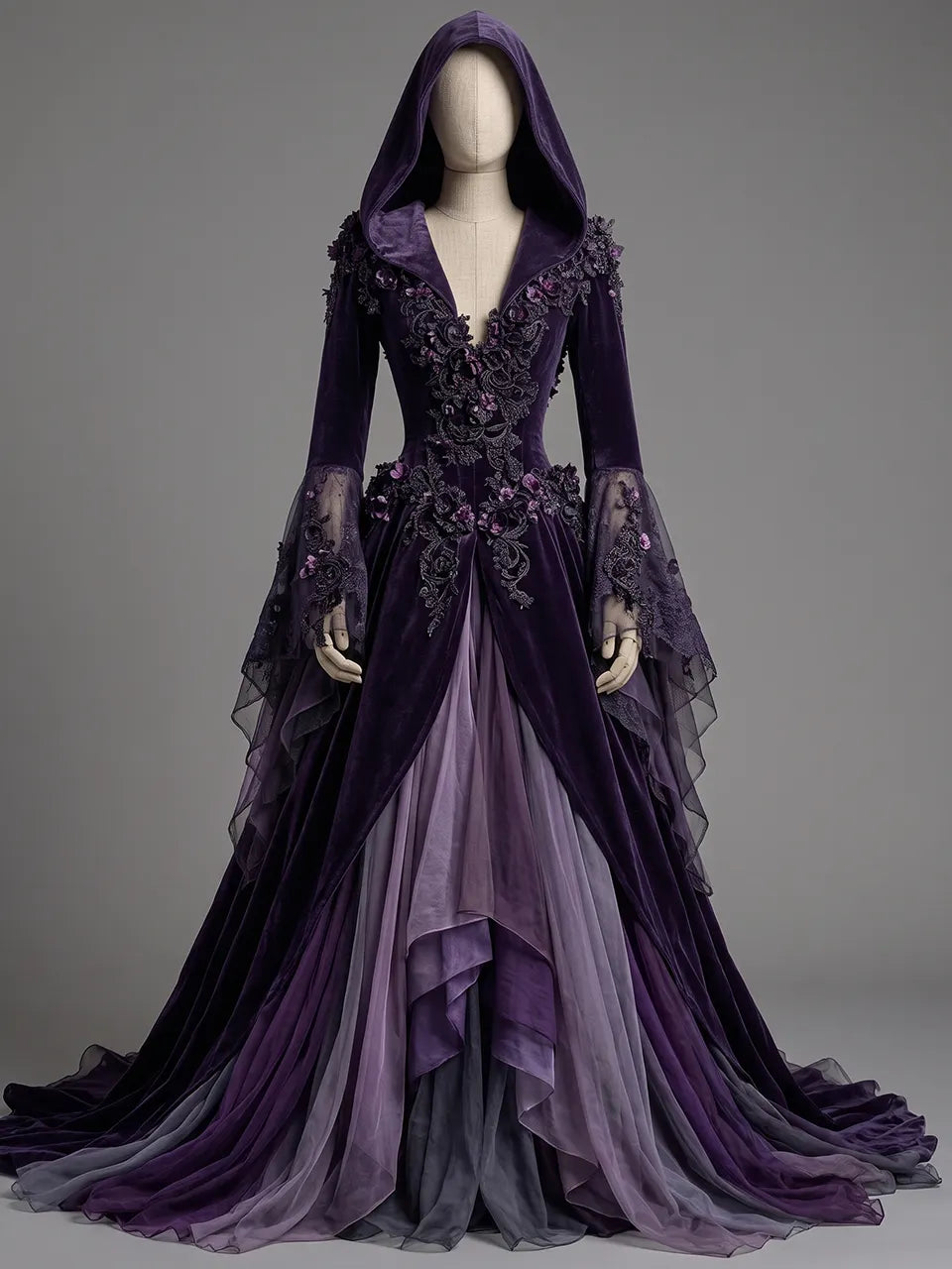 Womens Hooded V Neck Velvet Three Dimensional Embroidered Spliced Sheer Flare Sleeve Irregular Layered Tulle Train Long Gown