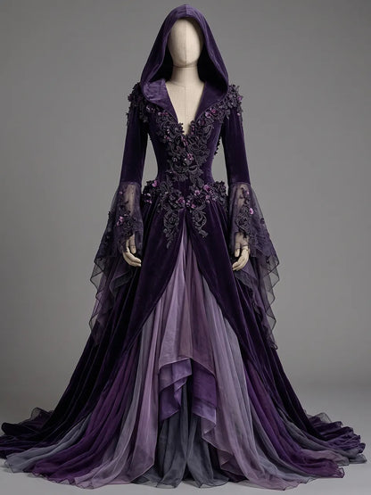 Womens Hooded V Neck Velvet Three Dimensional Embroidered Spliced Sheer Flare Sleeve Irregular Layered Tulle Train Long Gown