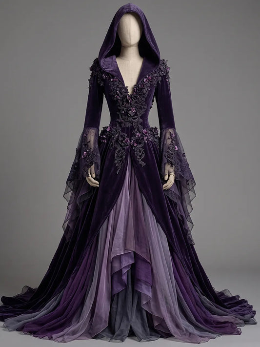 Womens Hooded V Neck Velvet Three Dimensional Embroidered Spliced Sheer Flare Sleeve Irregular Layered Tulle Train Long Gown
