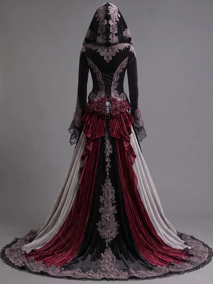 Womens Hooded Sweetheart Neck Velvet Embroidered Mesh Spliced Flare Sleeve Irregular Train Long Gown Dress