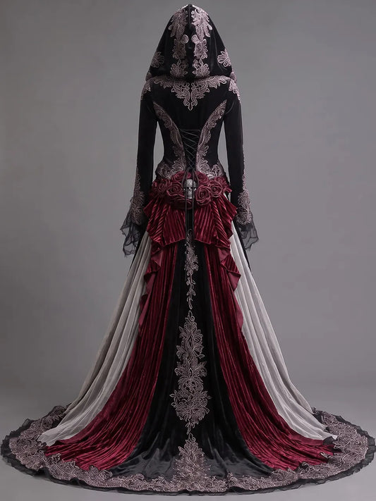 Womens Hooded Sweetheart Neck Velvet Embroidered Mesh Spliced Flare Sleeve Irregular Train Long Gown Dress