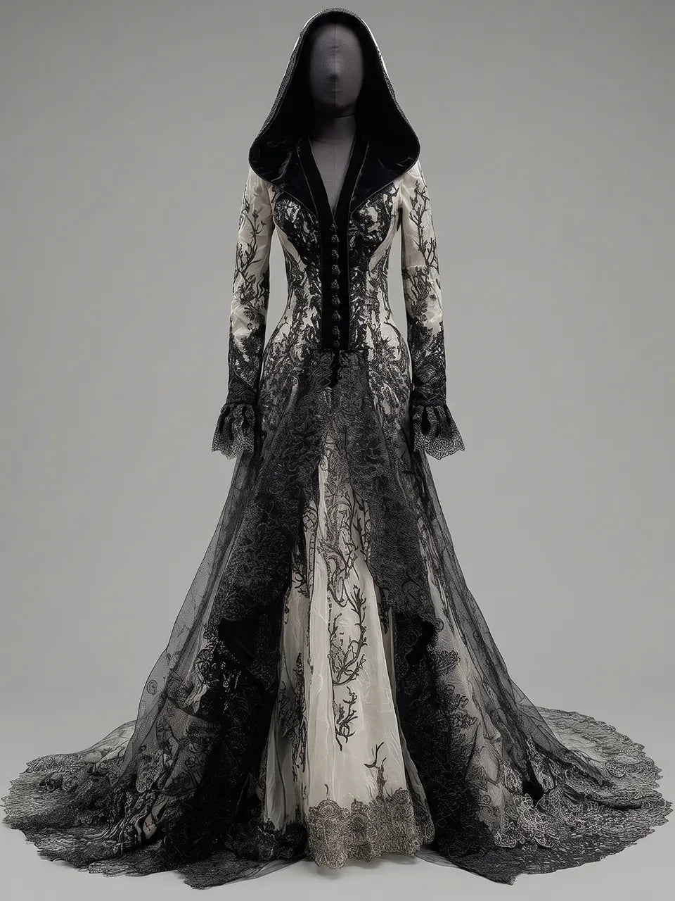 Womens Hooded V Neck Button Decor Embroidered Lace Spliced Flare Sleeve Layered Tulle Train Long Gown