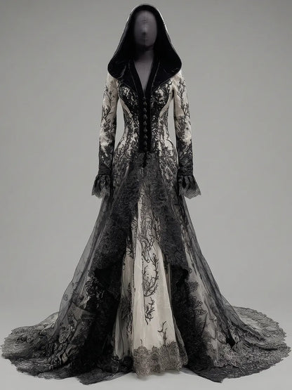 Womens Hooded V Neck Button Decor Embroidered Lace Spliced Flare Sleeve Layered Tulle Train Long Gown