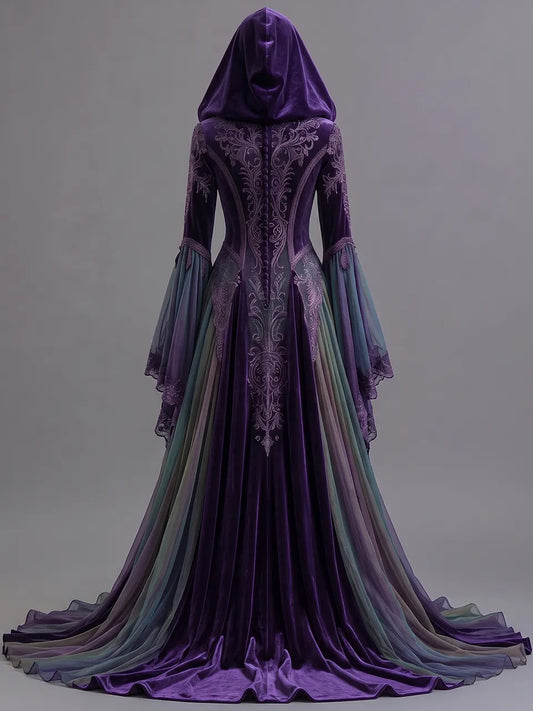 Womens Hooded V Neck Velvet Embroidered Spliced Sheer Flare Sleeve Layered Tulle Train Long Gown