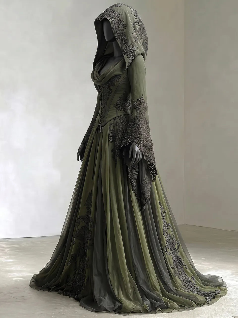 Womens Cowl Neck Hooded Lace Up Corset Flare Long Sleeve Embroidered Tulle Train Maxi Gown