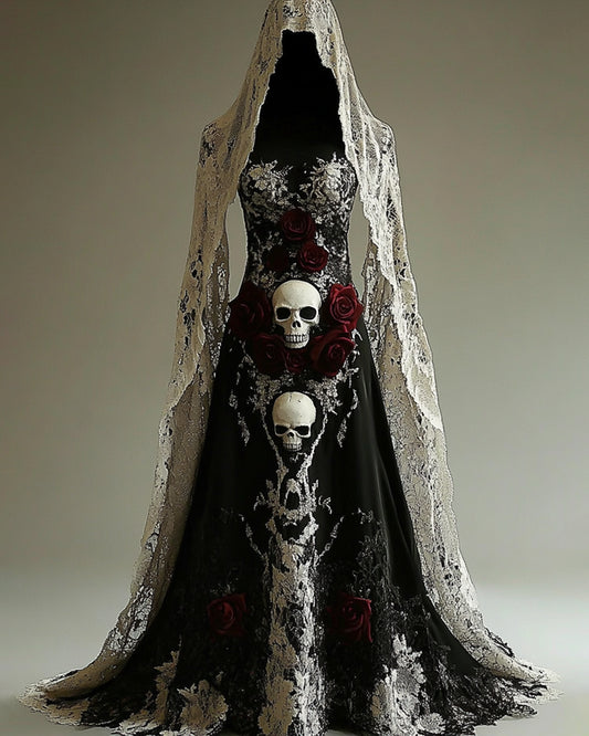 Giseabel Bohemian style  Contrasting Lace Skull Embroidered Evening Dress 5b8d