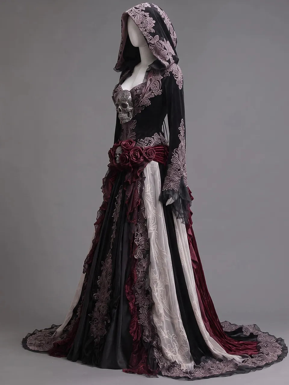 Womens Hooded Sweetheart Neck Velvet Embroidered Mesh Spliced Flare Sleeve Irregular Train Long Gown Dress