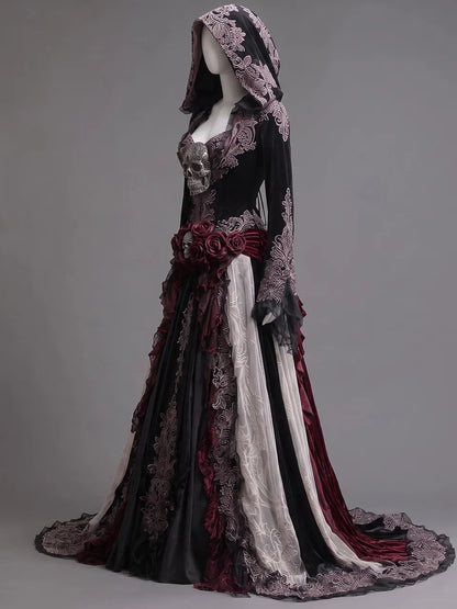 Womens Hooded Sweetheart Neck Velvet Embroidered Mesh Spliced Flare Sleeve Irregular Train Long Gown Dress
