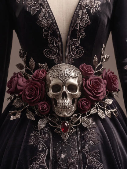 Womens Hooded Deep V Neck Velvet Embroidered Long Sleeve Ball Gown Train Long Dress