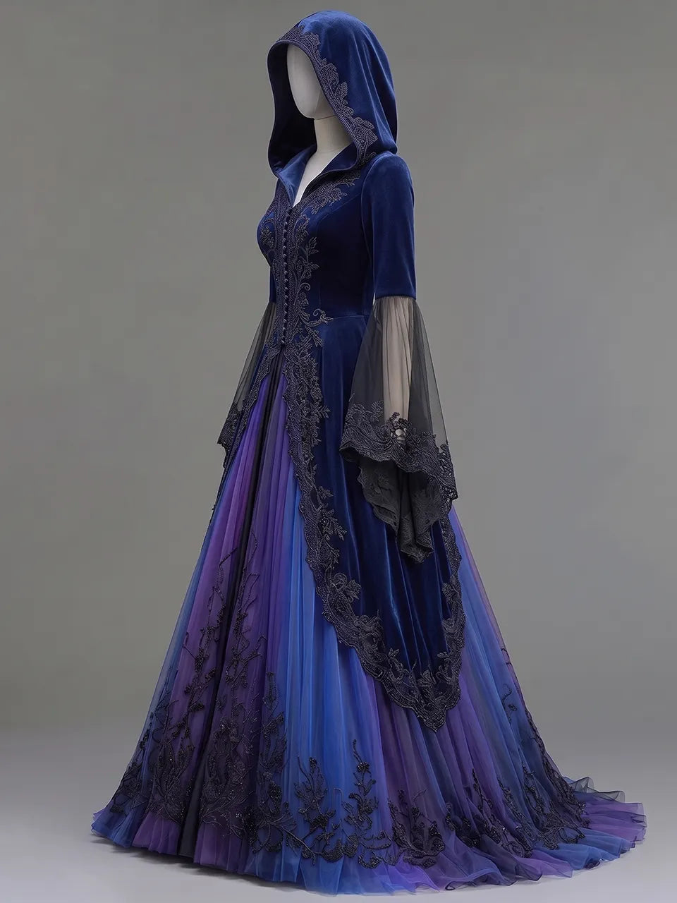 Womens Hooded V Neck Velvet Button Decor Embroidered Lace Spliced Sheer Flare Sleeve Tulle Train Long Gown