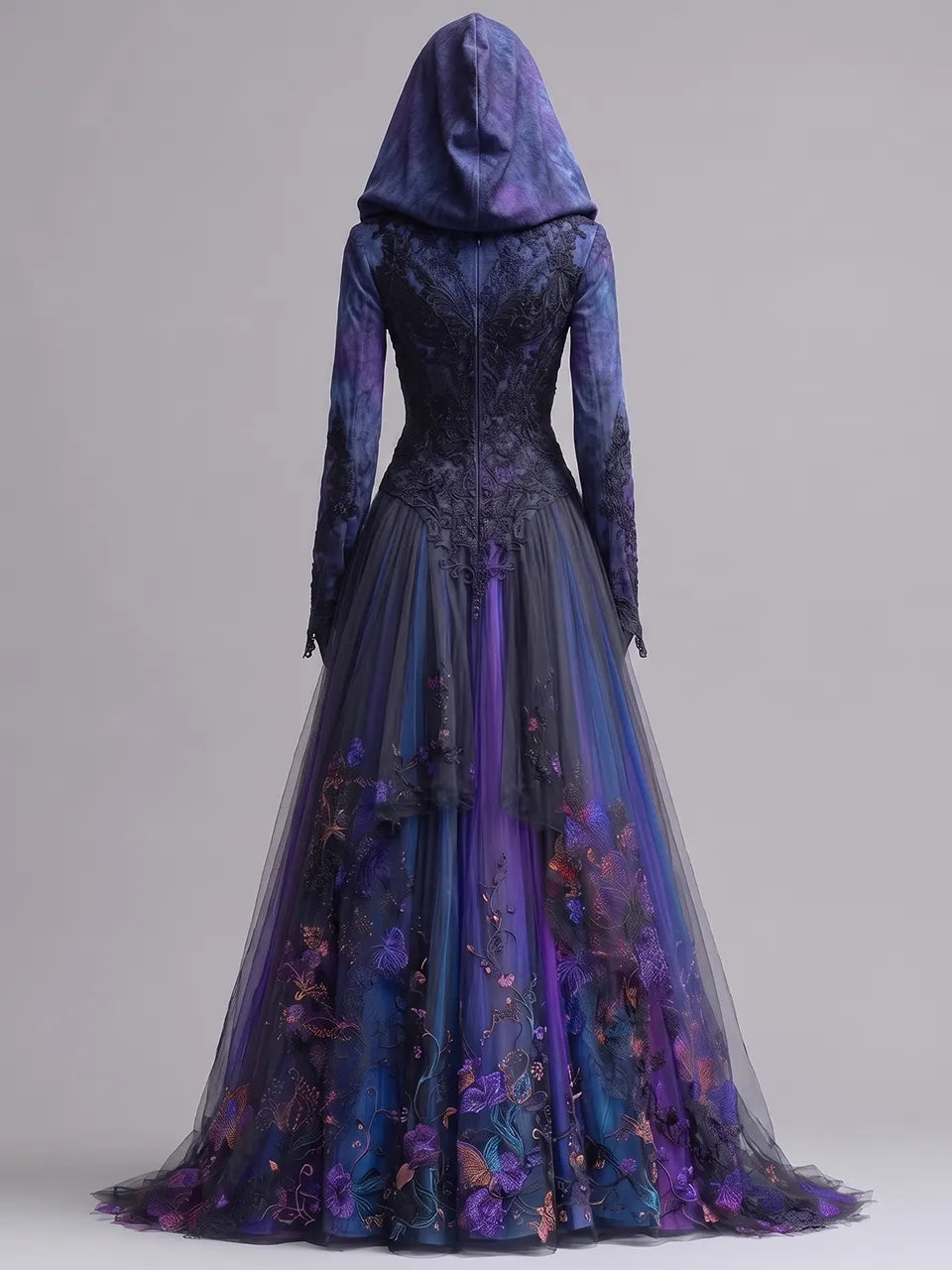Womens Hooded V Neck Fitted Embroidered Lace Spliced Long Sleeve Tulle Train Long Gown