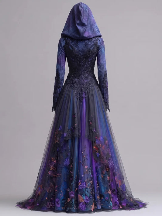 Womens Hooded V Neck Fitted Embroidered Lace Spliced Long Sleeve Tulle Train Long Gown