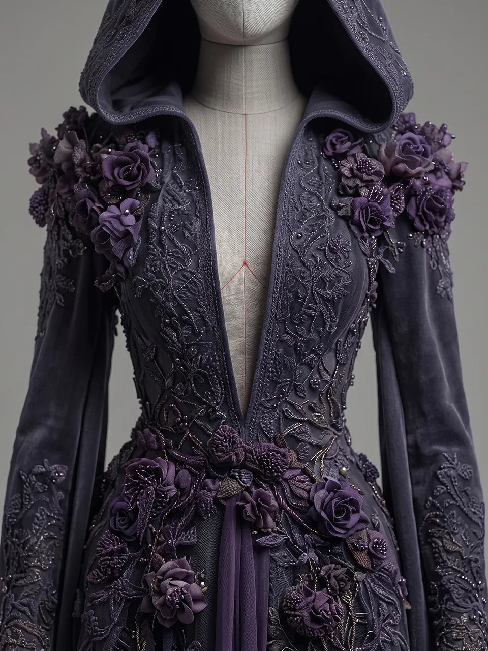 Womens Hooded Deep V Neck Velvet 3D Floral Embroidered Draped Long Sleeve Spliced Tulle Train Long Gown
