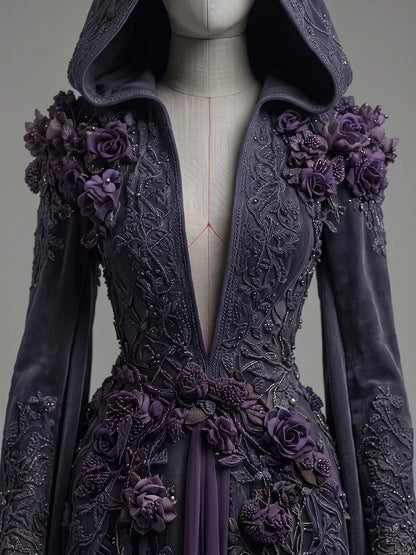 Womens Hooded Deep V Neck Velvet 3D Floral Embroidered Draped Long Sleeve Spliced Tulle Train Long Gown