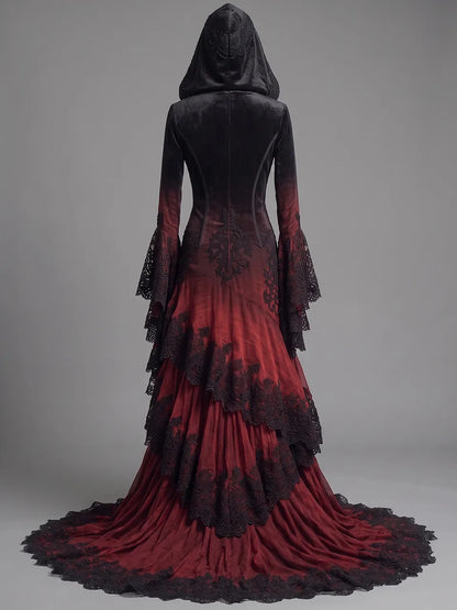 Womens Hooded V Neck Fitted Velvet Embroidered Lace Spliced Gradient Tulle Mermaid Train Long Gown