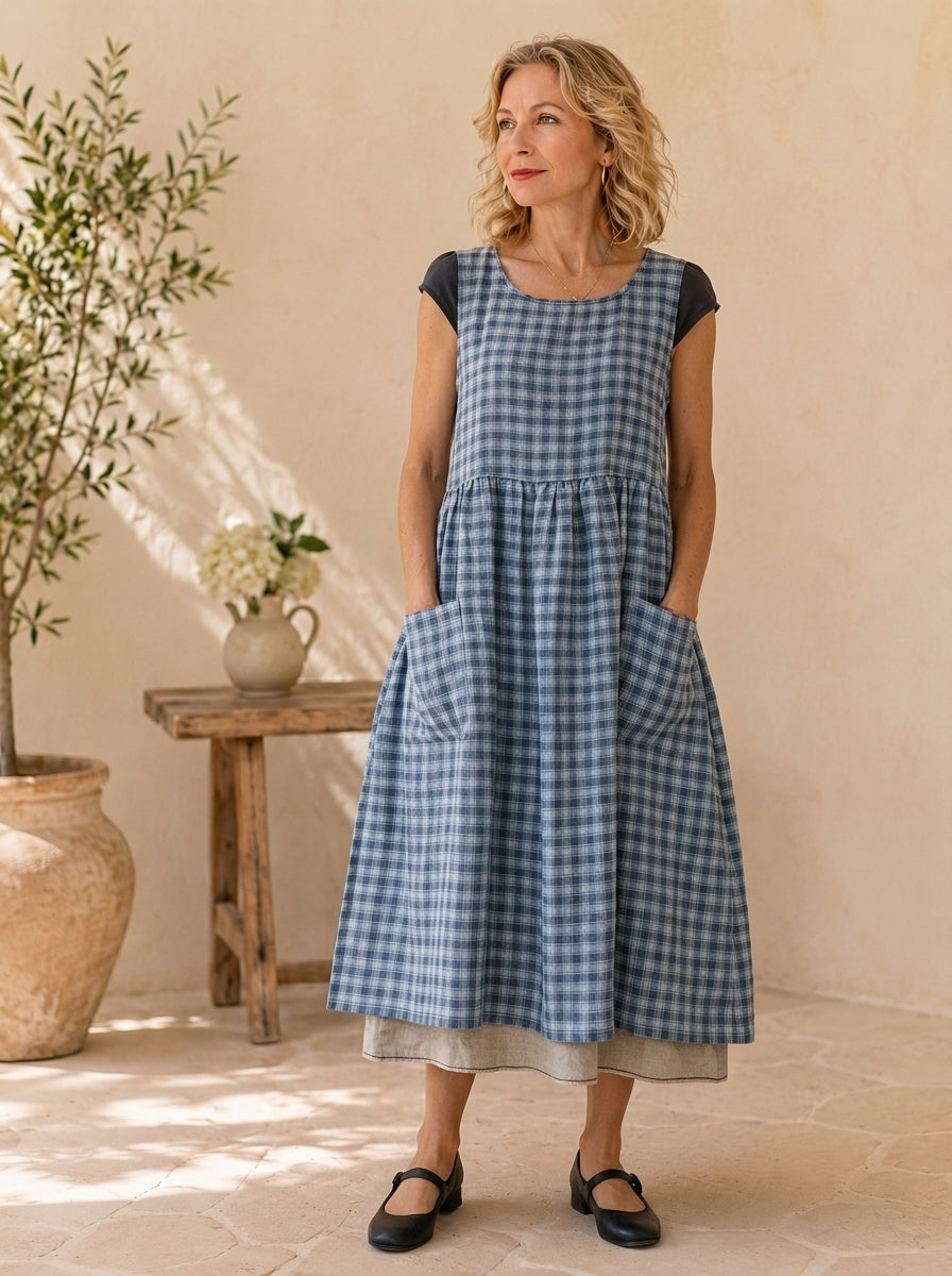 Blue Check Cotton Pinafore Apron