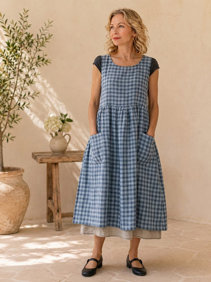 Blue Check Cotton Pinafore Apron