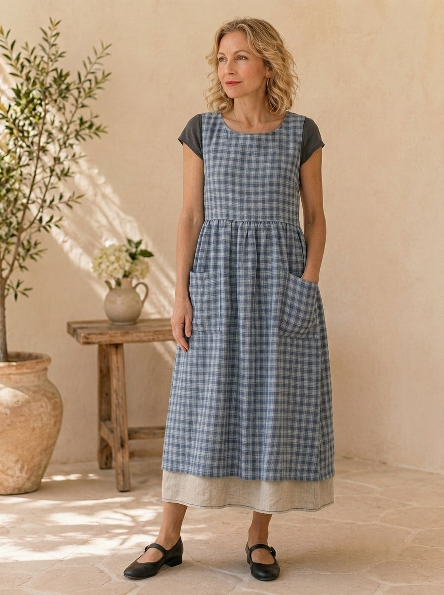 Blue Check Cotton Pinafore Apron