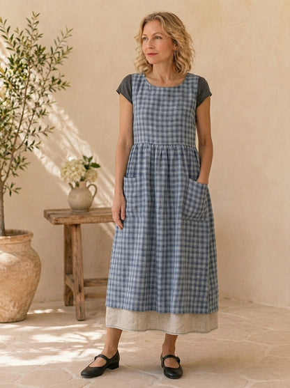 Blue Check Cotton Pinafore Apron