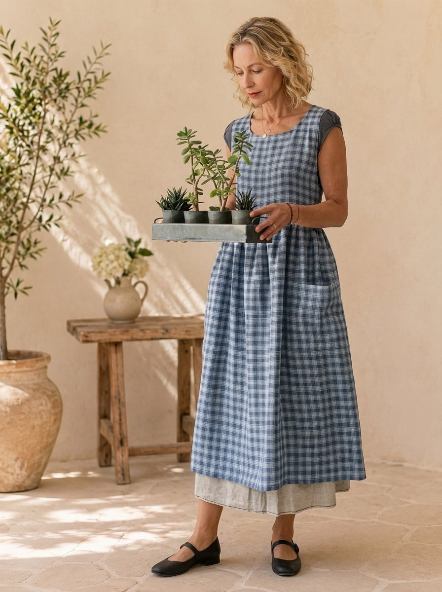 Blue Check Cotton Pinafore Apron