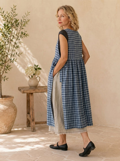 Blue Check Cotton Pinafore Apron