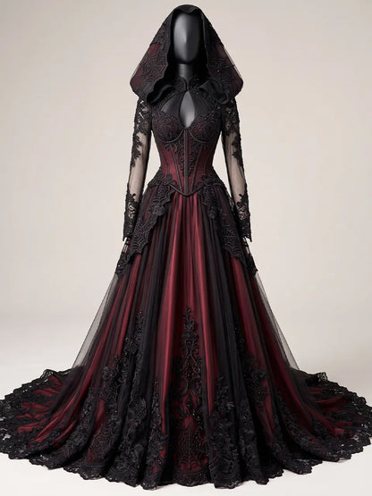Womens Stand Collar Cut Out Keyhole Corset Mesh Long Sleeve Hooded Lace Embroidered Train Maxi Gown
