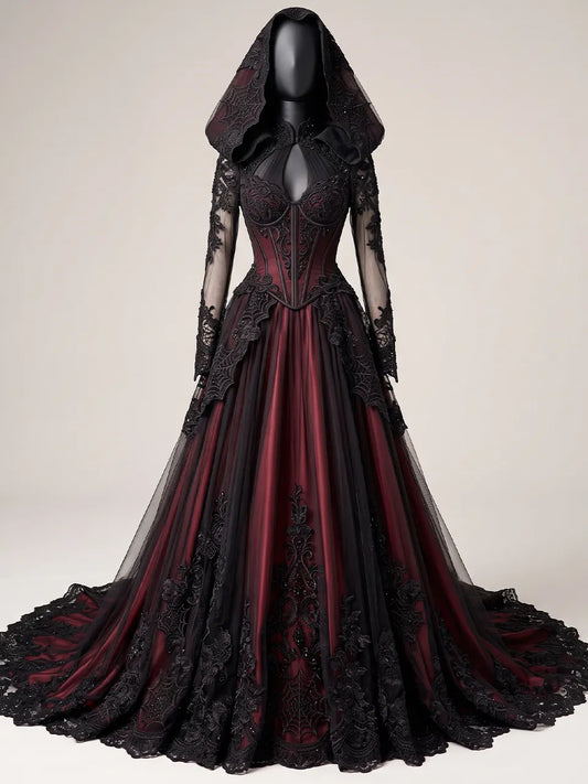 Womens Stand Collar Cut Out Keyhole Corset Mesh Long Sleeve Hooded Lace Embroidered Train Maxi Gown