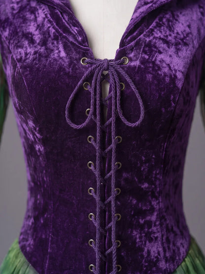 Womens Hooded V Neck Lace Up Waist Velvet Spliced Sheer Flare Sleeve Lace Layered Irregular Short Dress