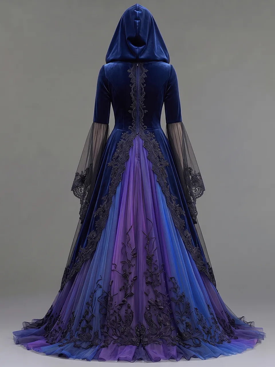 Womens Hooded V Neck Velvet Button Decor Embroidered Lace Spliced Sheer Flare Sleeve Tulle Train Long Gown