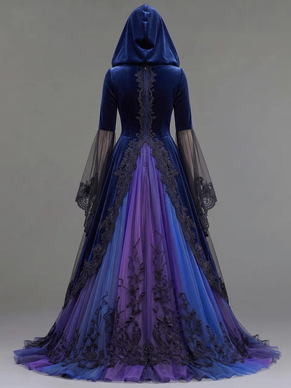 Womens Hooded V Neck Velvet Button Decor Embroidered Lace Spliced Sheer Flare Sleeve Tulle Train Long Gown