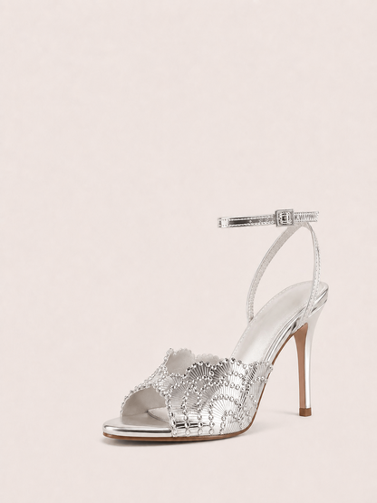 Round Open Toe High Heels Stilettos Strap Ankle Sparkly Heels